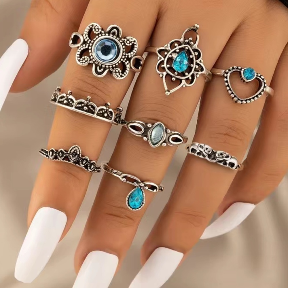 Vintage Boho Heart Flower Blue Gemstone Ring Set 8pc